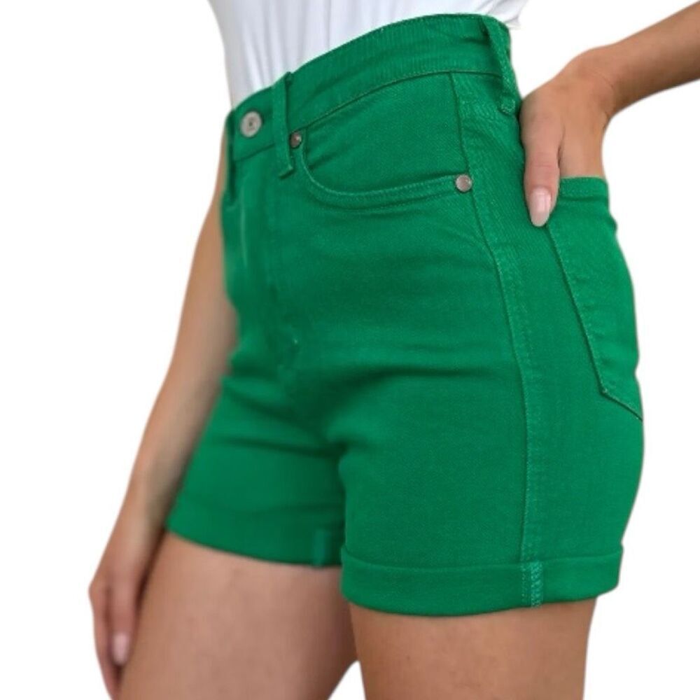 Judy Blue Shorts Green High Rise Tummy Control Cuffed Garment Dyed Stretch Denim - Picture 15 of 16
